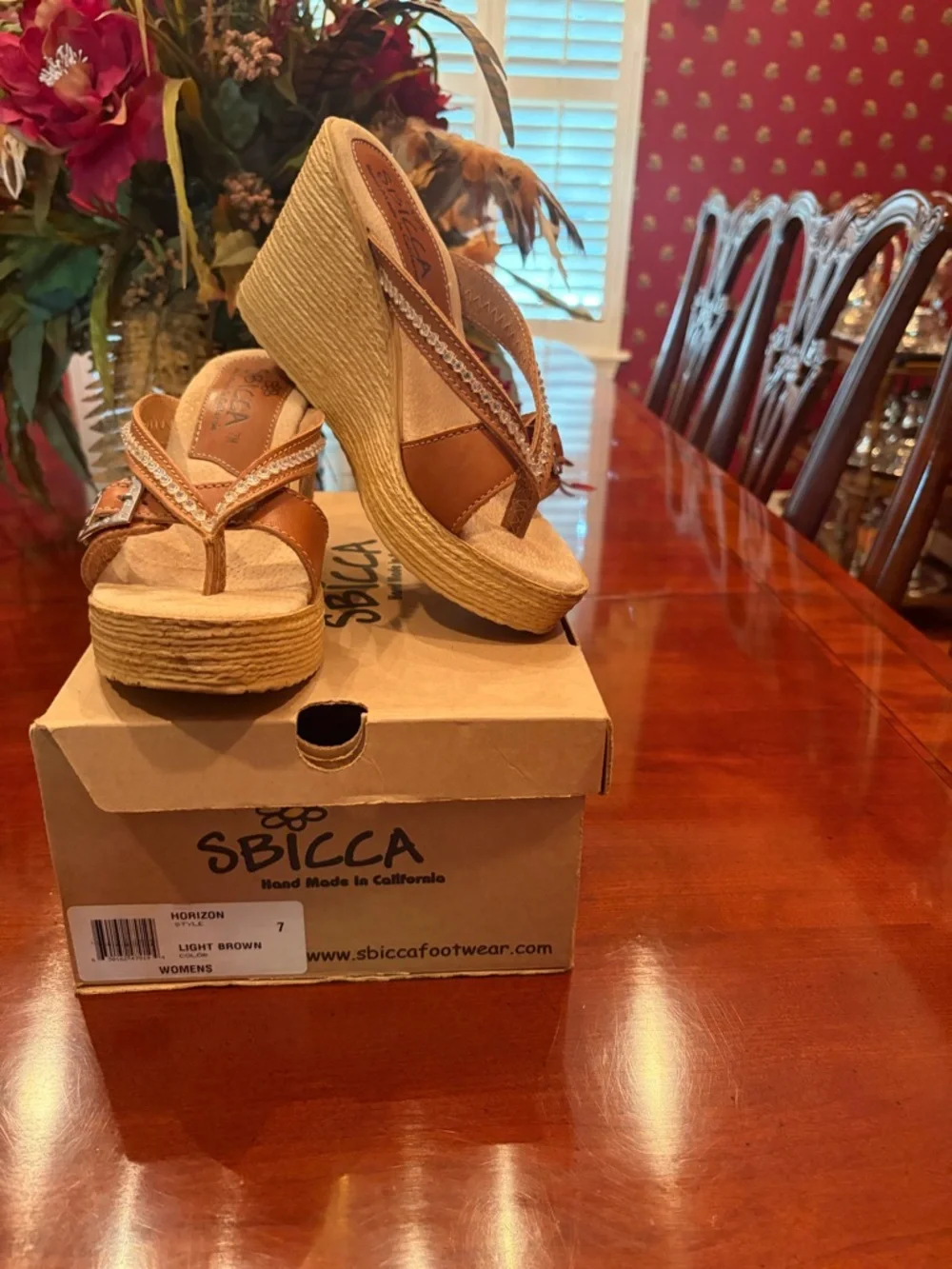 Sbicca Tan/Brown Wedge Sandals with Rhinestone Thong